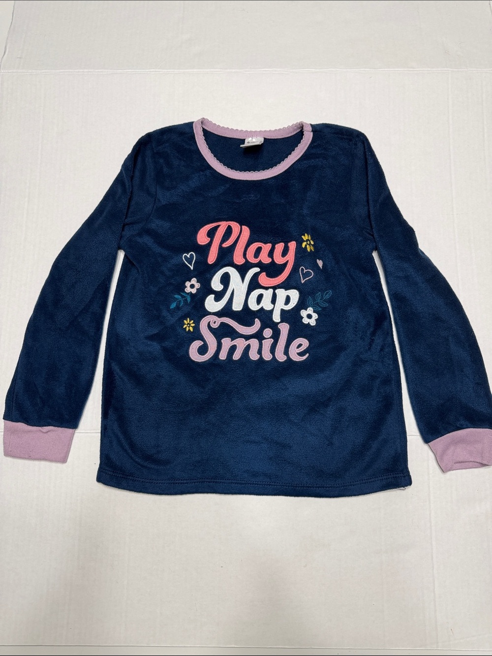 Girls' Navy 'Play Nap Smile' Long-Sleeve Pajama Top with Pink Trim